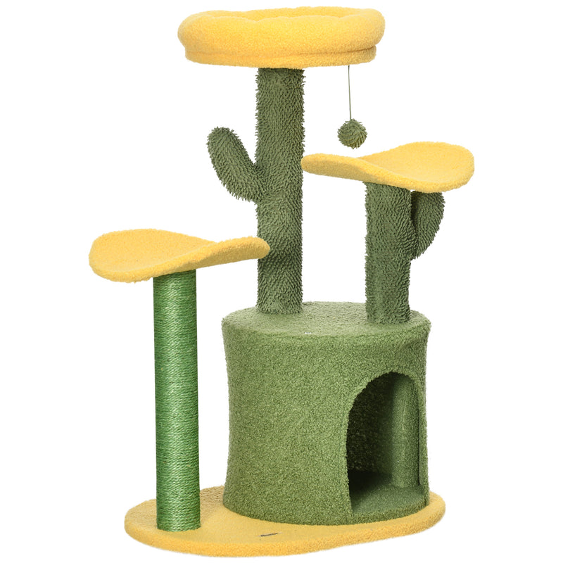 Árvore Arranhador para Gatos em Forma de Cacto Altura 83cm Torre para Gatos com Cama Casa de Pelúcia Plataformas Postes de Sisal e Bolsa Suspensa 54x39x83cm Amarelo e Verde