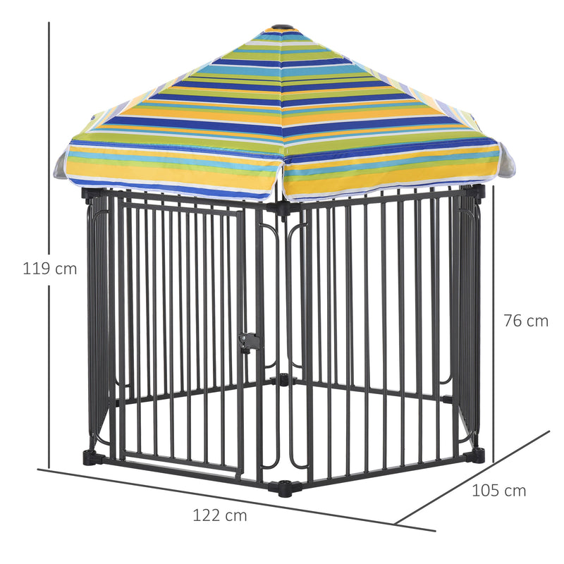 Parque para Animais de Estimação com 6 Barreiras de Metal 61x76cm Canil Desmontável para Cães com Teto Hexagonal e Porta com Fechadura de Segurança 122x105x119cm Preto e Colorido