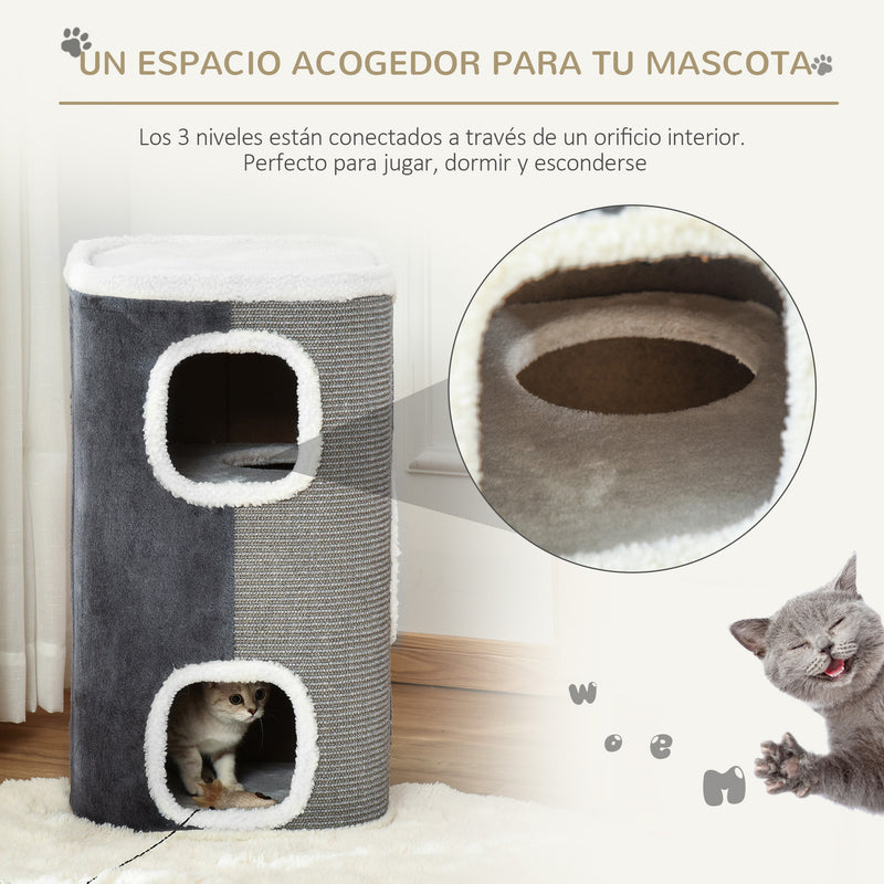 Barril Arranhador para Gatos 74cm de Altura Torre de Escalar com 3 Cavernas de Sisal e Pelúcia Plataforma de Velo 40x40x74cm Cinza