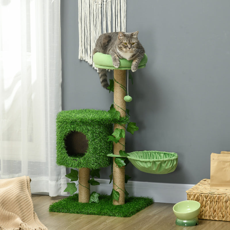 Árvore Arranhador para Gatos 91 cm Torre para 1-2 Gatos com Caverna Cama Rede Poste de Juta e Bola Suspensa 50x40x91 cm Verde