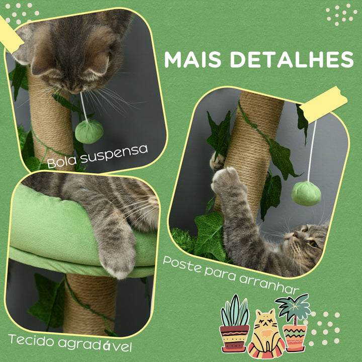 Árvore Arranhador para Gatos 91 cm Torre para 1-2 Gatos com Caverna Cama Rede Poste de Juta e Bola Suspensa 50x40x91 cm Verde