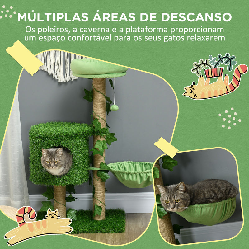 Árvore Arranhador para Gatos 91 cm Torre para 1-2 Gatos com Caverna Cama Rede Poste de Juta e Bola Suspensa 50x40x91 cm Verde