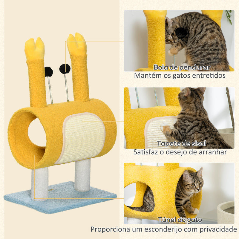 Árvore Arranhador para Gatos Altura 72cm Postes com Forma de Caranguejo Torre para Gatos com Orifício e Bolas Divertidas 40x29x72cm Amarelo