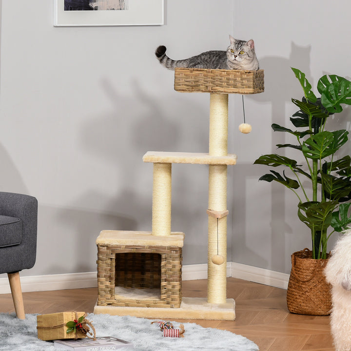 Árvore arranhador para gatos com plataformas, caverna, camas, bolas de jogo e postes de sisal 60x40x109 cm bege e marrom
