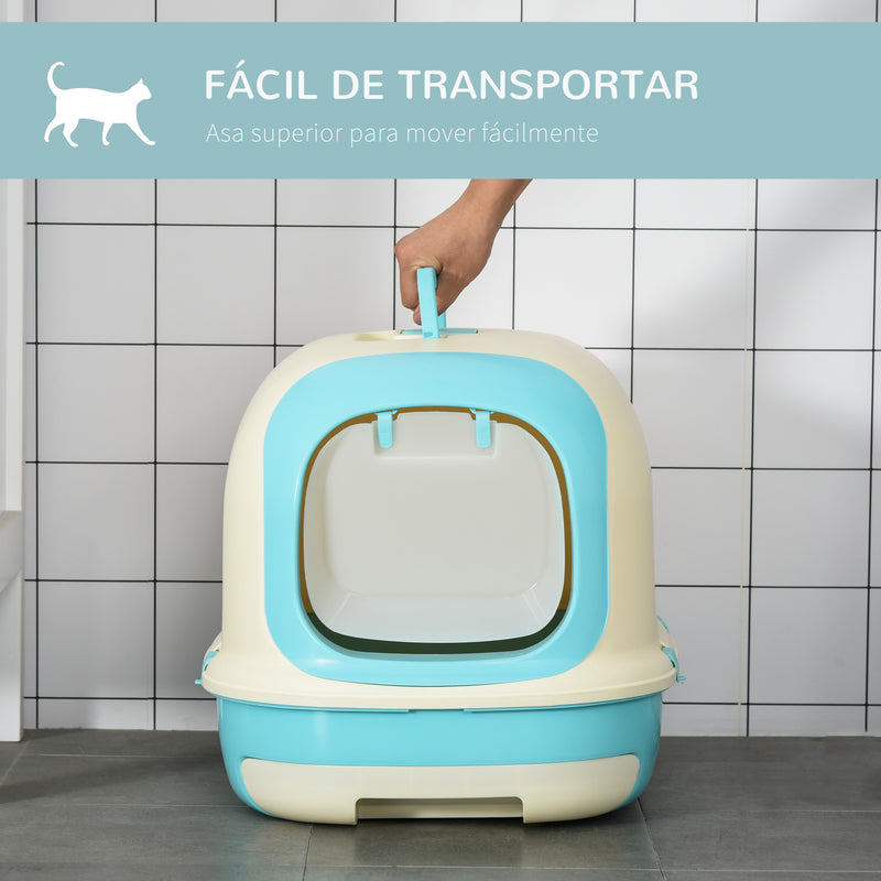 Caixa de Areia para Gatos com Alça de Transporte Duplo Fundo Bandeja Removível Pá e Filtro de Carvão Ativo 63x43x43cm Bege e Verde