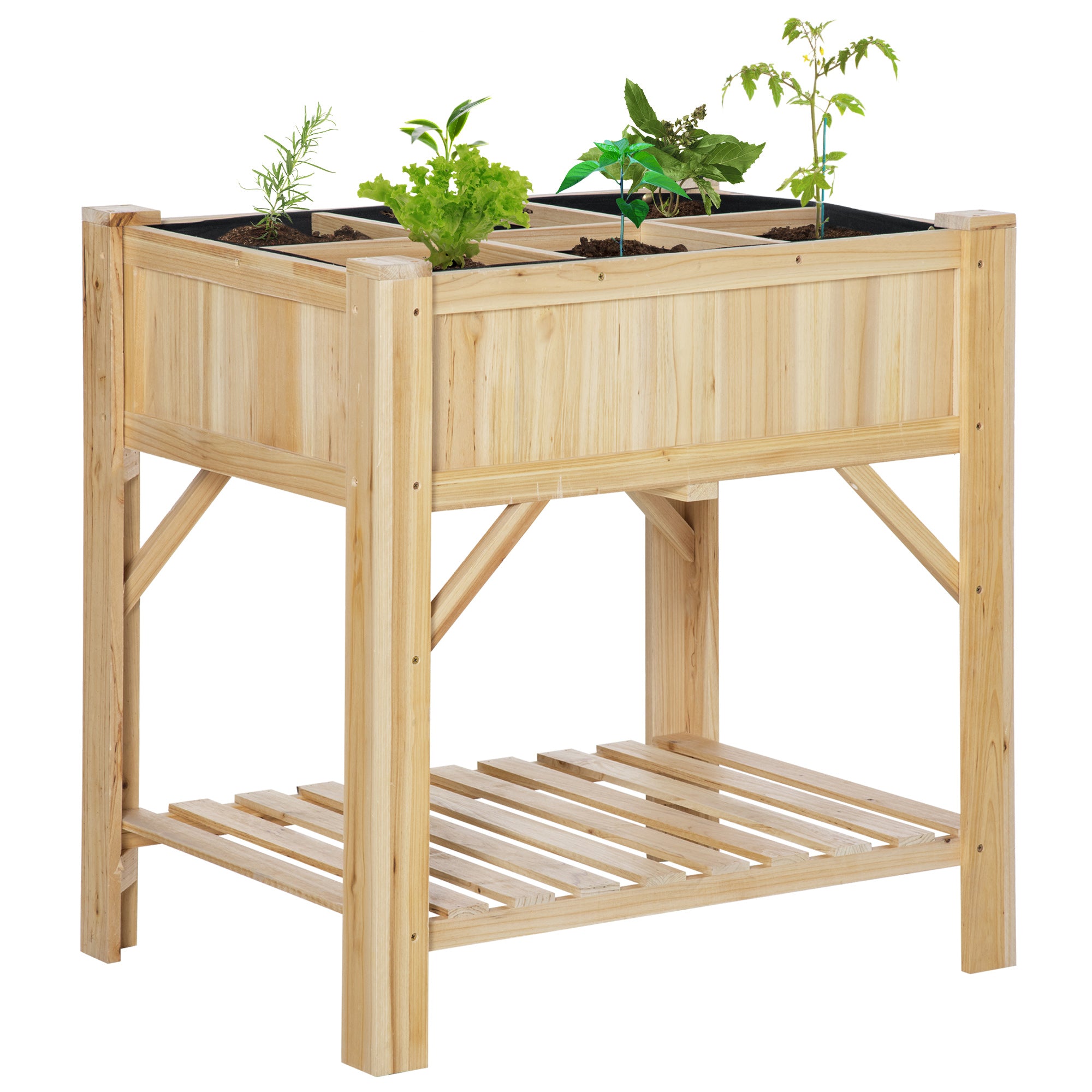 Horta Vertical de Madeira 120x60x81cm Mesa de Cultivo com 6 Compartimentos e Prateleira Inferior para Plantas Flores Jardim Terraço Exterior Natural