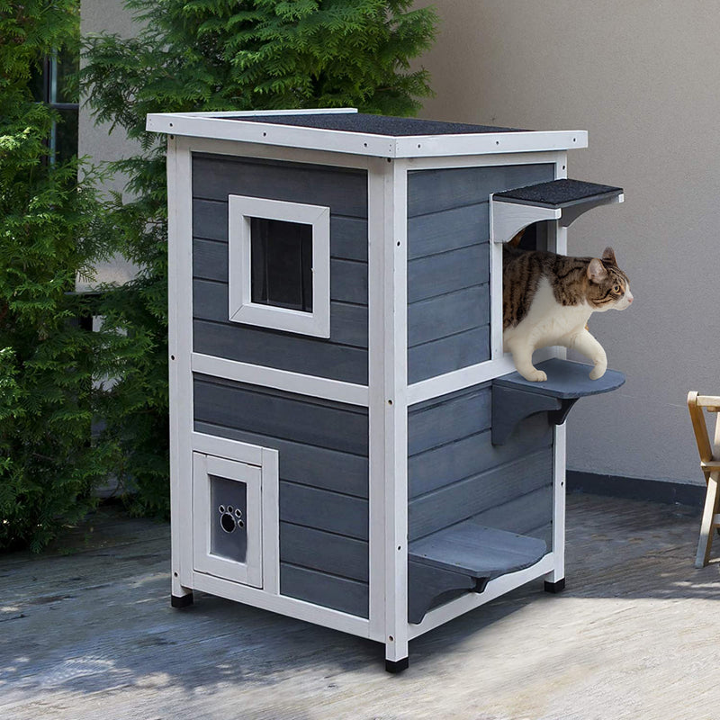 Casa para Gatos de Madeira Exterior Casa para Gatos de 2 Andares com Teto se Abre Janelas e 2 Plataformas para Terraço Balcão Jardim 51x51x81,3cm Cinza