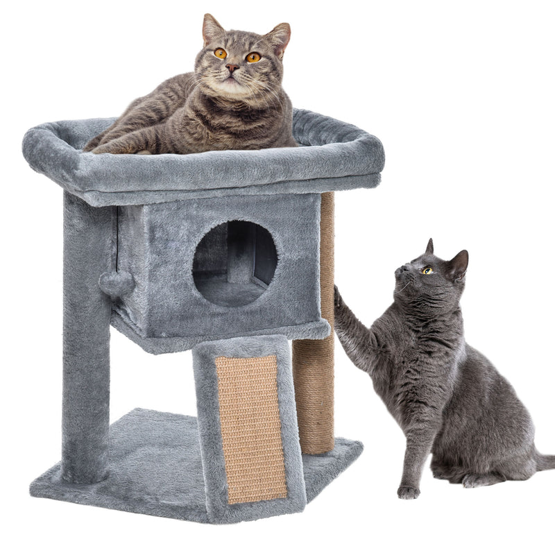 Árvore Arranhador para Gatos Pequenos Altura 57 cm Arranhador para Gatos com Poste de Juta Rampa Caverna e Bola Suspensa 40x40x57 cm Cinza