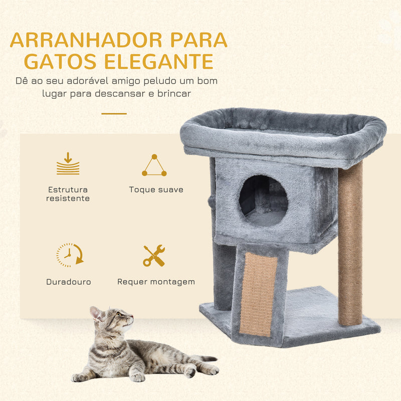 Árvore Arranhador para Gatos Pequenos Altura 57 cm Arranhador para Gatos com Poste de Juta Rampa Caverna e Bola Suspensa 40x40x57 cm Cinza