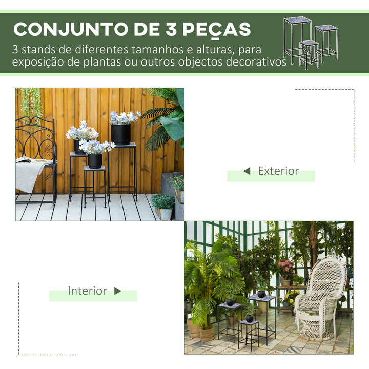 Suporte para Vasos de Metal 3 Peças Empilháveis Suporte para Plantas com Bancada de Azulejo Decorativa para Interiores e Exteriores 31,5x31,5x60,5 cm Azul e Preto