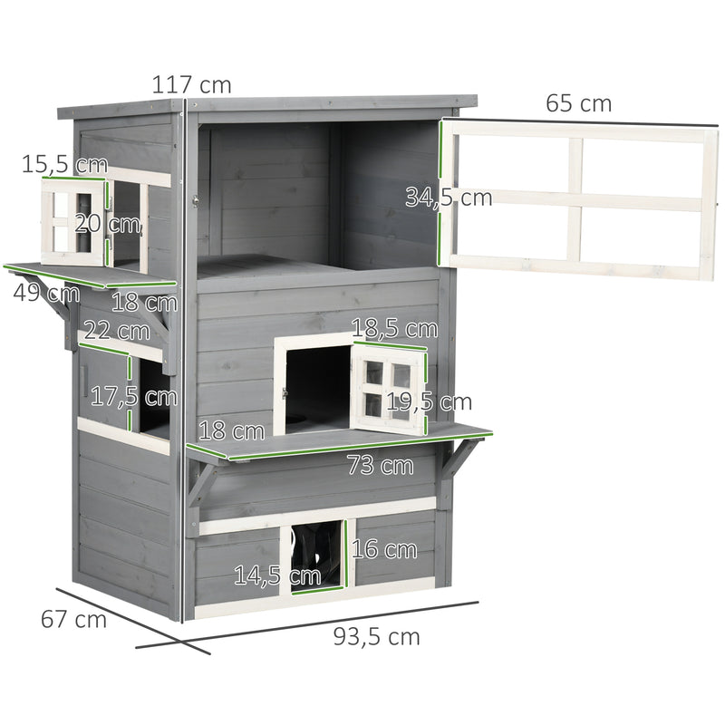 Casa para Gatos de Madeira Exterior Casa Grande para Gatos de 3 Andares com Múltiplas Entradas Janelas e 2 Plataformas para Terraço Balcão Jardim 98x68,5x122cm Cinza