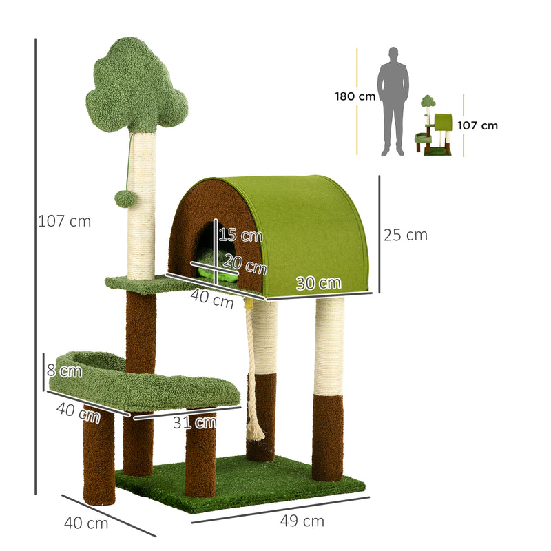 Arranhador para Gatos Médio 107 cm Torre para Gatos Centro de Atividades para Gatos com Caverna Cama Poste de Sisal Relva Artificial e Bola Suspensa 49x40x107 cm Verde