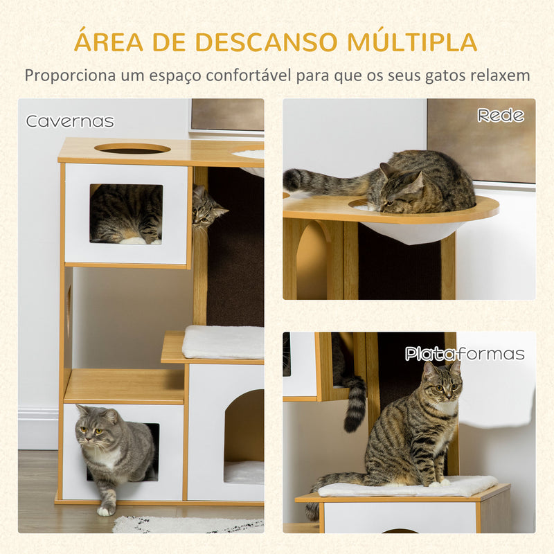 Casa para Gatos Altura 92,5cm Torre para Gatos com 3 Casas de Madeira Almofadas Laváveis Placa de Arranhar e Rede 76x37x92,5cm Carvalho