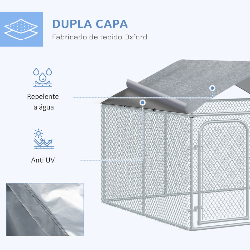 Canil de Exterior com Toldo Gaiola para Cães Animais de Estimação de Metal Galvanizado com Fechadura para Jardim Pátio 230x230x175cm Prata