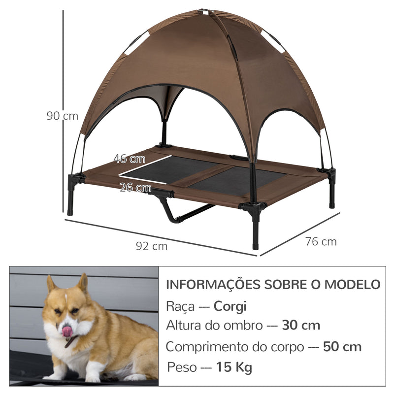 Cama Elevada para Animais de Estimação Portátil com Toldo Amovível Tecido Respirável para Interior e Exterior 92x76x90cm Marrom