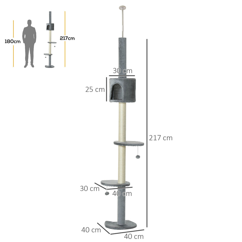 Árvore Arranhador para Gatos para Fixar ao Teto Altura Ajustável 220-280cm com Plataformas Caverna Postes de Sisal Bolas Penduradas 40x40x280cm Cinza Claro