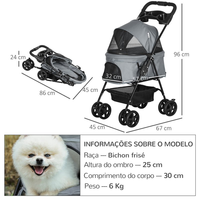 Carrinho de animal de estimação dobrável removível de aço Tecido Oxford Rodas giratórias Freios Janela para gatos pequenos Cães 67x45x96 cm Cinza