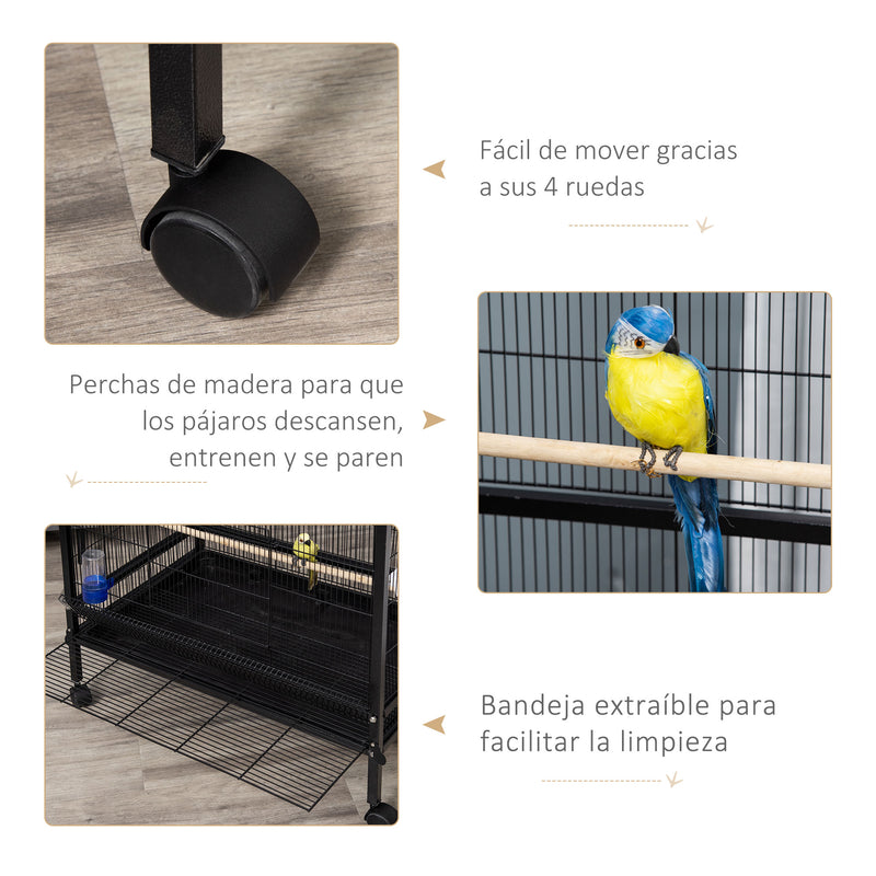 Gaiola para Pássaros com 4 Rodas Gaiola para Pássaros Metálica com Múltiplas Portas 4 Comedouros Bebedouro 2 Poleiros e Bandeja para Louros Canários Periquitos 79x52x137cm Preto