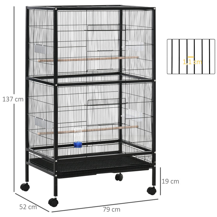 Gaiola para Pássaros com 4 Rodas Gaiola para Pássaros Metálica com Múltiplas Portas 4 Comedouros Bebedouro 2 Poleiros e Bandeja para Louros Canários Periquitos 79x52x137cm Preto