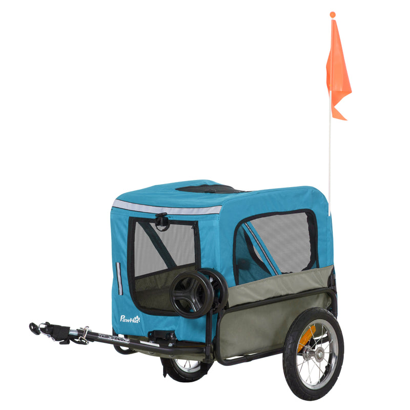 Reboque de Bicicleta para Cães 2 em 1 Carrinho para Animais de Estimação com Cinto de Segurança Guiador de Empurre Removível Bandeira e Refletores Carga Máxima 10kg 129x55,5x92cm Azul