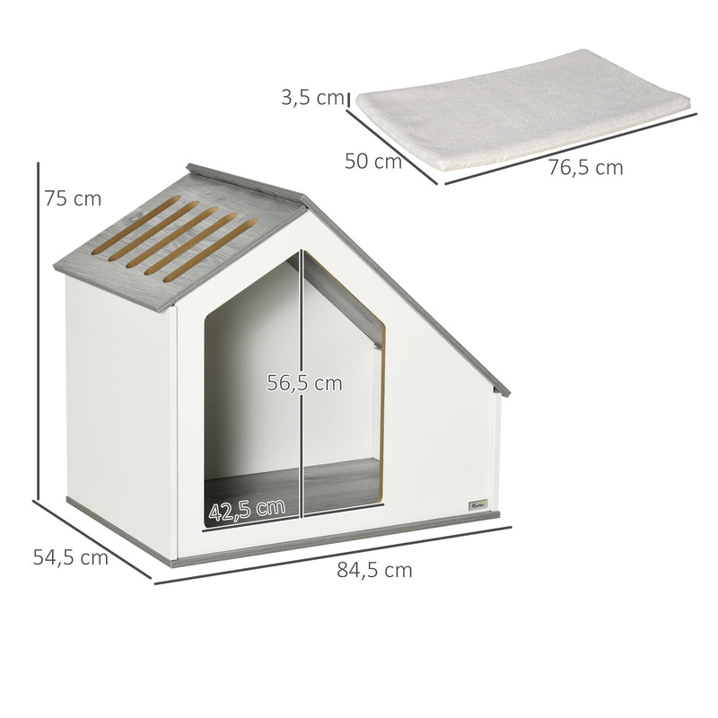 Casa de Madeira para Cães de Interior Casa para Animais de Estimação com Almofada Removível e Lavável com 5 Ventilações 84,5x54,5x75 cm Branco