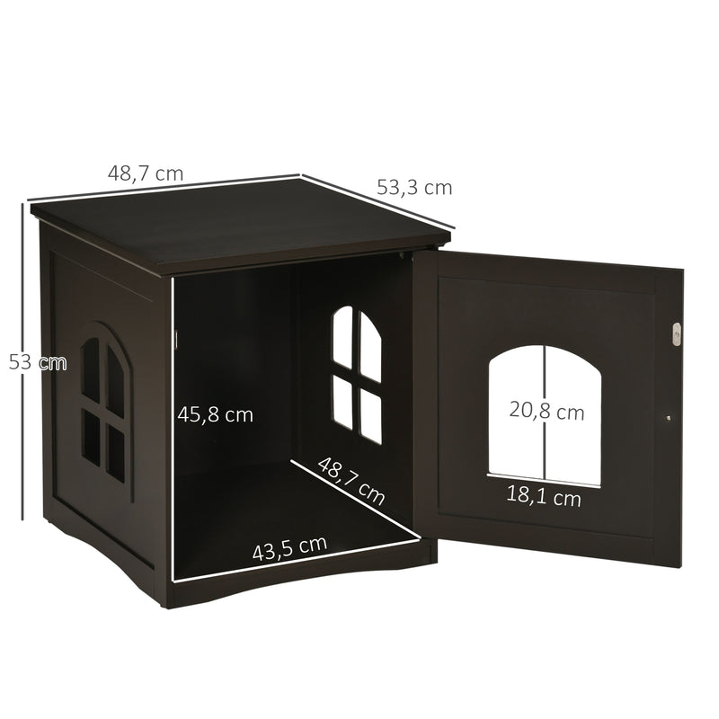 Casa para Gatos de Madeira Móvel para Caixa de Areia para Gatos 2 em 1 com Armário de Armazenamento Bancada Ampla Porta e 3 Janelas Cruzadas 48,7x53,3x53 cm Marrom