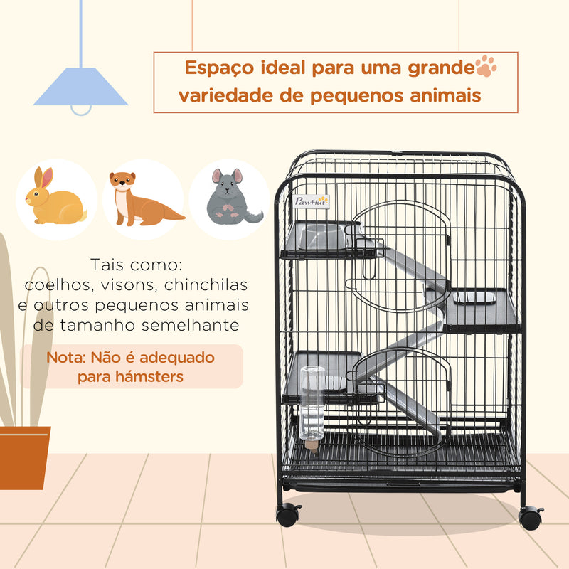 Gaiola para Roedores com Rodas 64x43,5x93cm Gaiola para Animais Pequenos com 2 Portas 3 Plataformas Bandeja Amovível Comedouro e Bebedouro Preto