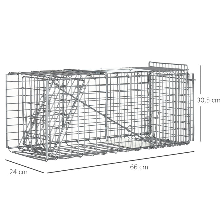 Armadilha para Animais Vivos Dobrável 66x24x30,5 cm Gaiola de Captura com Porta e Alça para Coelhos Roedores Prata