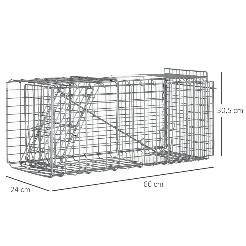 Armadilha para Animais Vivos Dobrável 66x24x30,5 cm Gaiola de Captura com Porta e Alça para Coelhos Roedores Prata