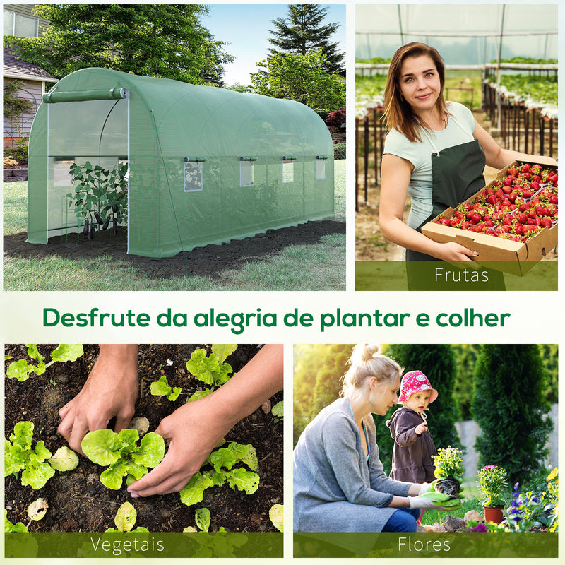 Estufa tipo Túnel 500x200x205 cm Estufa de Jardim com Porta Enrolável e 8 Janelas Cobertura de PE 140 g/m² Estrutura de Metal para Cultivo de Plantas Verduras Verde