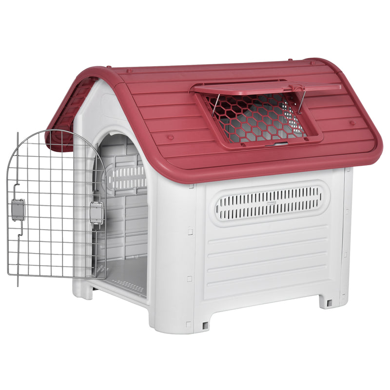 Casota para Cães com Porta Removível Base Elevada 3 Respiradouros e Janela para Interior e Exterior 72x87x75cm Cinza e Vermelho