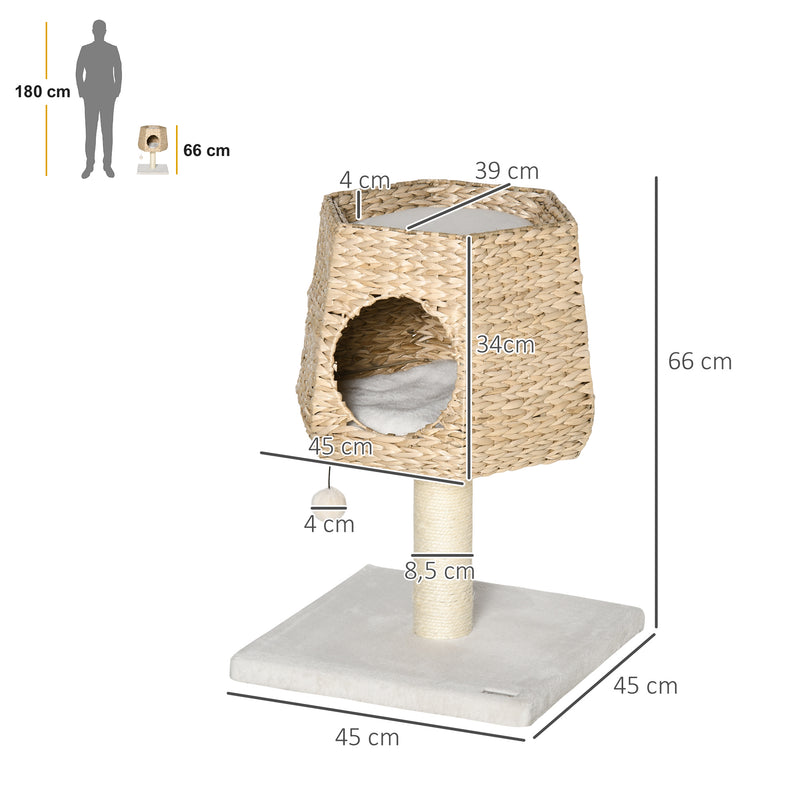 Árvore Arranhador para Gatos Pequena Altura 66cm Torre de Escalada para Gatos com Caverna de Junco Cama Superior Almofadas Poste Arranhador de Sisal e Bola Suspensa Creme e Natural