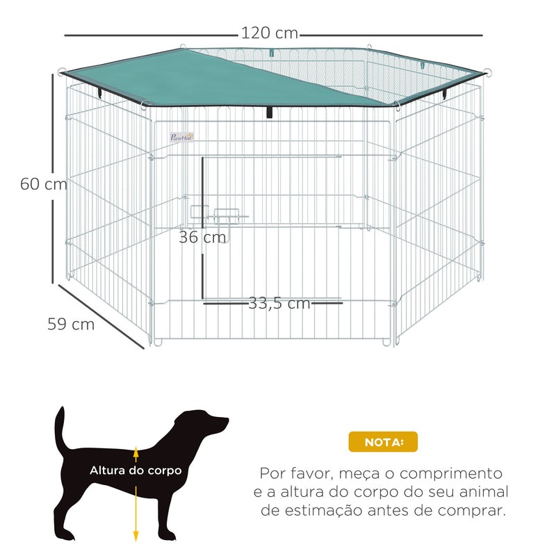 Parque para Animais de Estimação com 6 Painéis 59x60cm Dobrável Cerca para Animais de Estimação com Porta com Trava e Toldo Superior para Jardim Pátio Exterior Prata