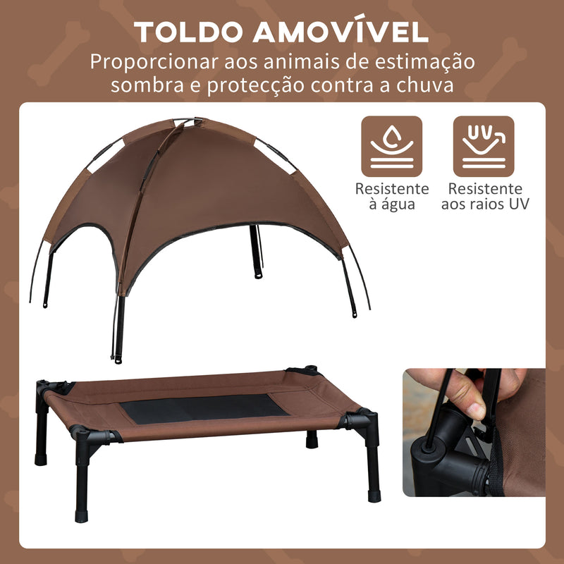 Cama Elevada para Animais de Estimação Portátil com Toldo Amovível Tecido Respirável para Interior e Exterior 76x61x73cm Marrom