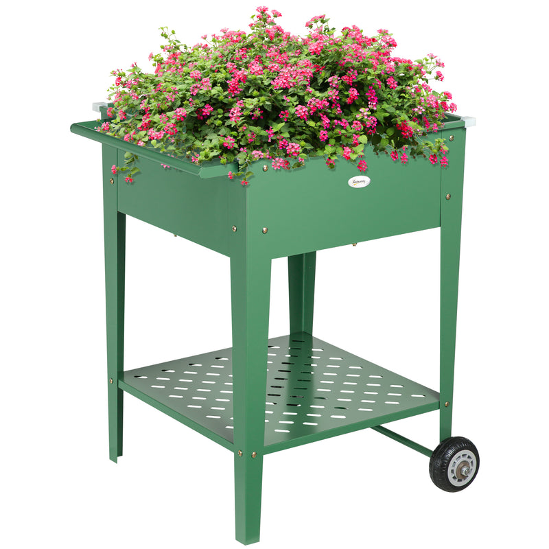 Horta Vertical Elevada com Rodas Floreira de Exterior de Aço Galvanizado 64x55x79 cm com Prateleira e Alça Lateral para Cultivo de Plantas Flores Verduras Verde