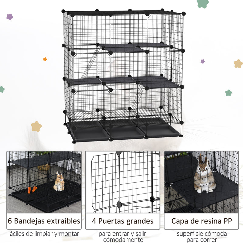 Gaiola para animais pequena DIY com 4 portas 6 bandejas 111x75x119 cm Preto