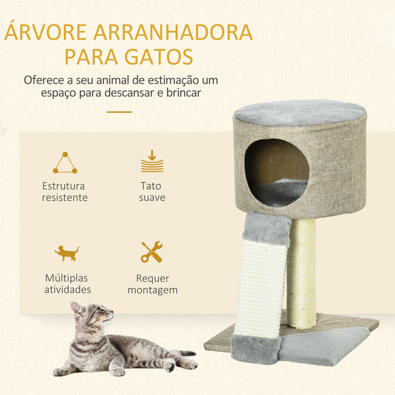 Árvore Arranhador para Gatos Pequena Altura 50cm Árvore Arranhador para Gatos com Caverna Rampa Arranhador de Sisal Natural e Bolsa Suspensa 30x30x50cm Bege Escuro