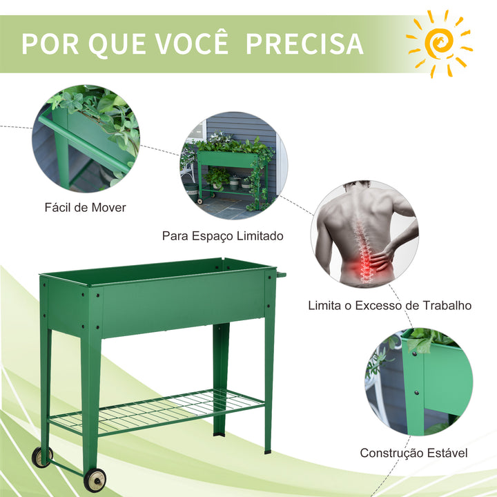 Horta Vertical Elevada de Metal Horta Vertical com Rodas Alça Lateral e Prateleira Inferior para Cultivo de Plantas Flores 104x39x80cm Verde