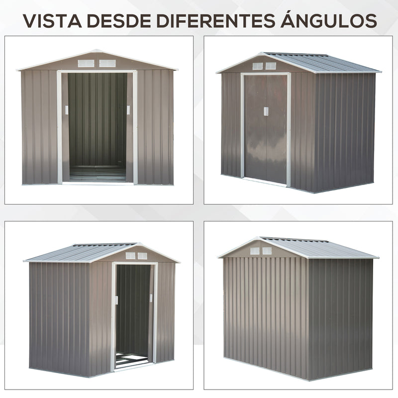 Barracão de Jardim Armário Exterior de Metal para Guardar Ferramentas Base Incluída, 4 Janelas 213x127x185cm Aço