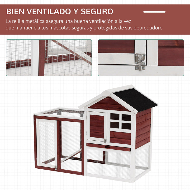 Coelheira de Madeira Exterior de 2 Níveis Gaiola para Coelhos Animais Pequenos com Zona Aberta Teto Asfáltico Bandeja Removível e Rampa 122x62,6x92cm Vermelho