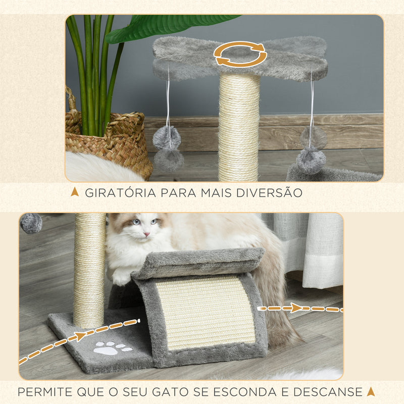 Árvore Arranhador para Gatos Pequena 43 cm Torre para Gatos com Poste Giratório Bolas Suspensas Plataforma Curva e Esconderijo 40x30x43 cm Cinza