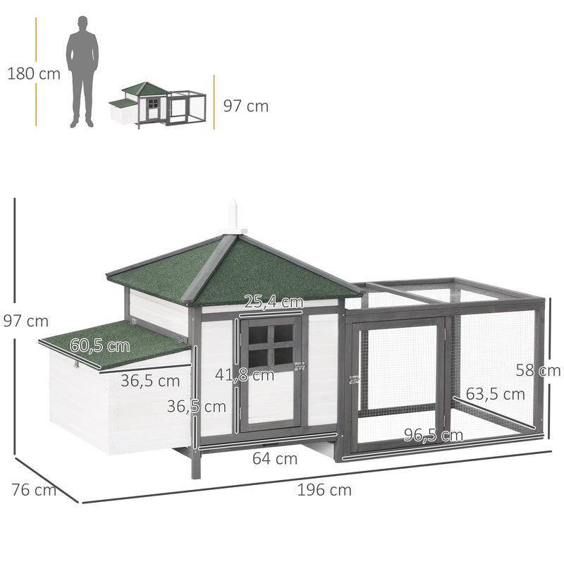 Galinheiro de madeira de abeto para galinhas exterior com bandeja removível e espaço de corrida 196x76x97 cm Cinza