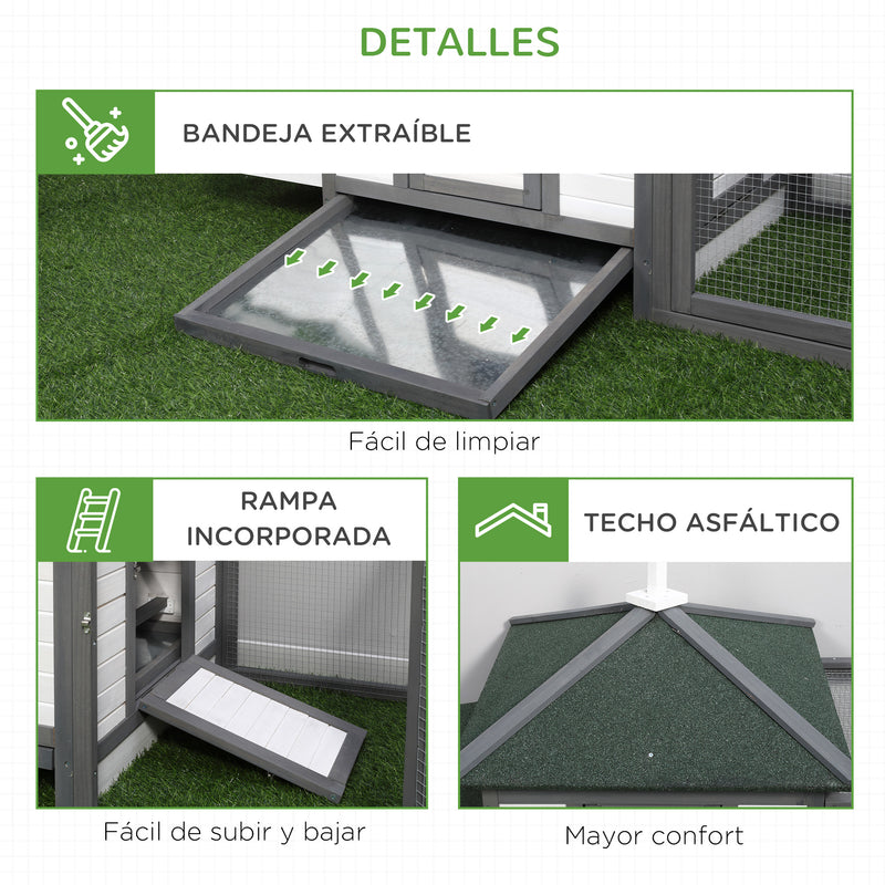 Galinheiro de madeira de abeto para galinhas exterior com bandeja removível e espaço de corrida 196x76x97 cm Cinza