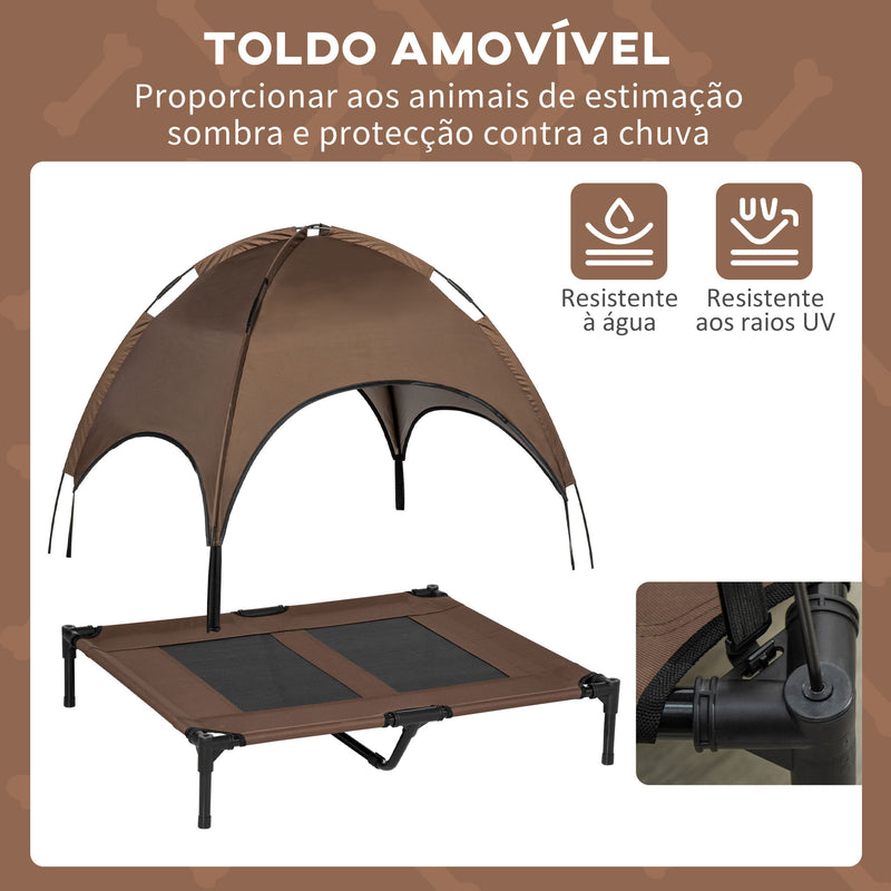 Cama Elevada para Animais de Estimação Portátil com Toldo Amovível Tecido Respirável para Interior e Exterior 92x76x90cm Marrom