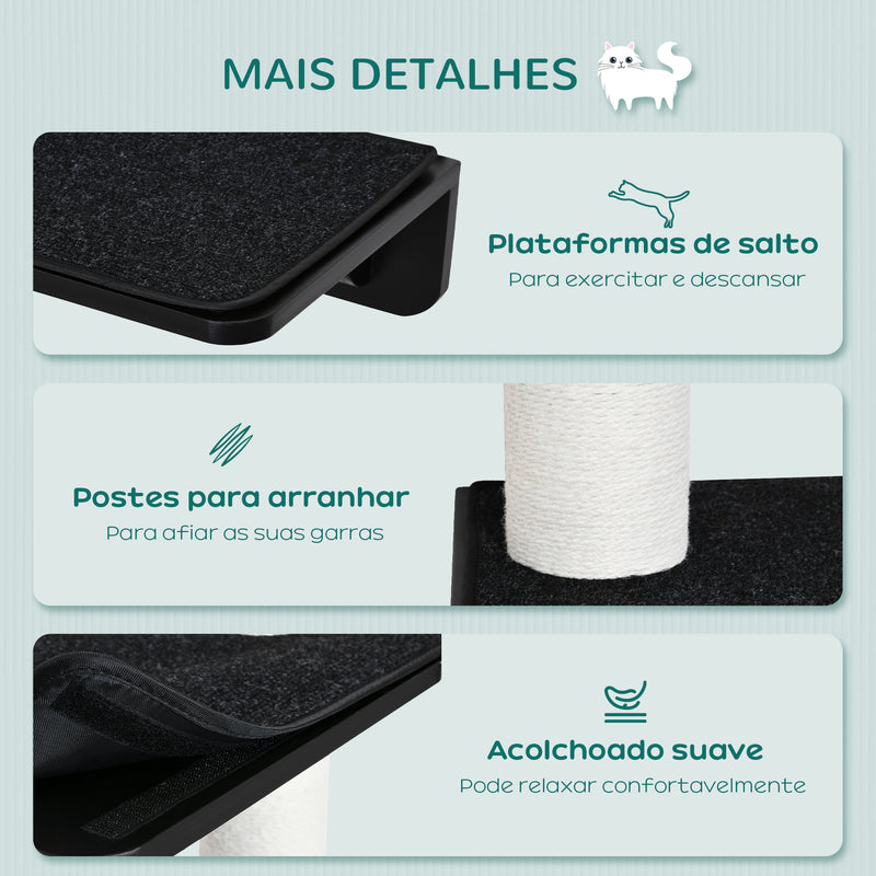 Árvore para Gatos de Parede com 3 Plataformas Almofada Removível e 2 Postes de Arranhar de Juta Torre para Escalar 63x28x93,5cm Preto e Bege