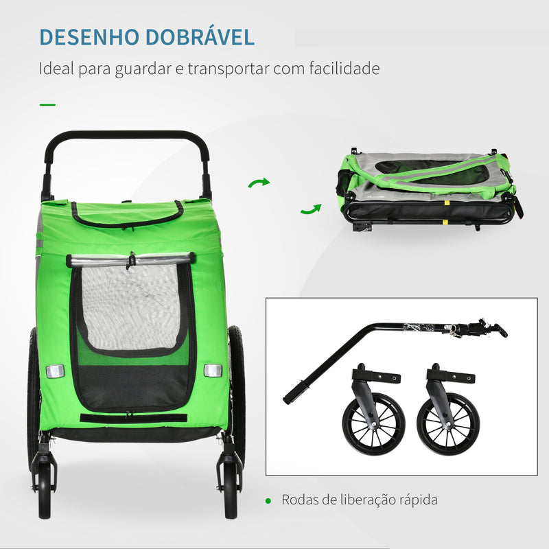 Reboque de Bicicleta para Cães 2 em 1 Transporte para Animais de Estimação com Porta Enrolável Janelas Cinto de Segurança Bandeira e 6 Refletores 134x73x108cm Verde