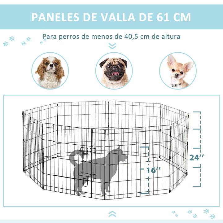 Parque para Cães 8 Painéis 61x61cm Dobráveis Gaiola Metálica para Animais de Estimação com Porta e Dupla Fechadura para Jardim Pátio Exterior Preto
