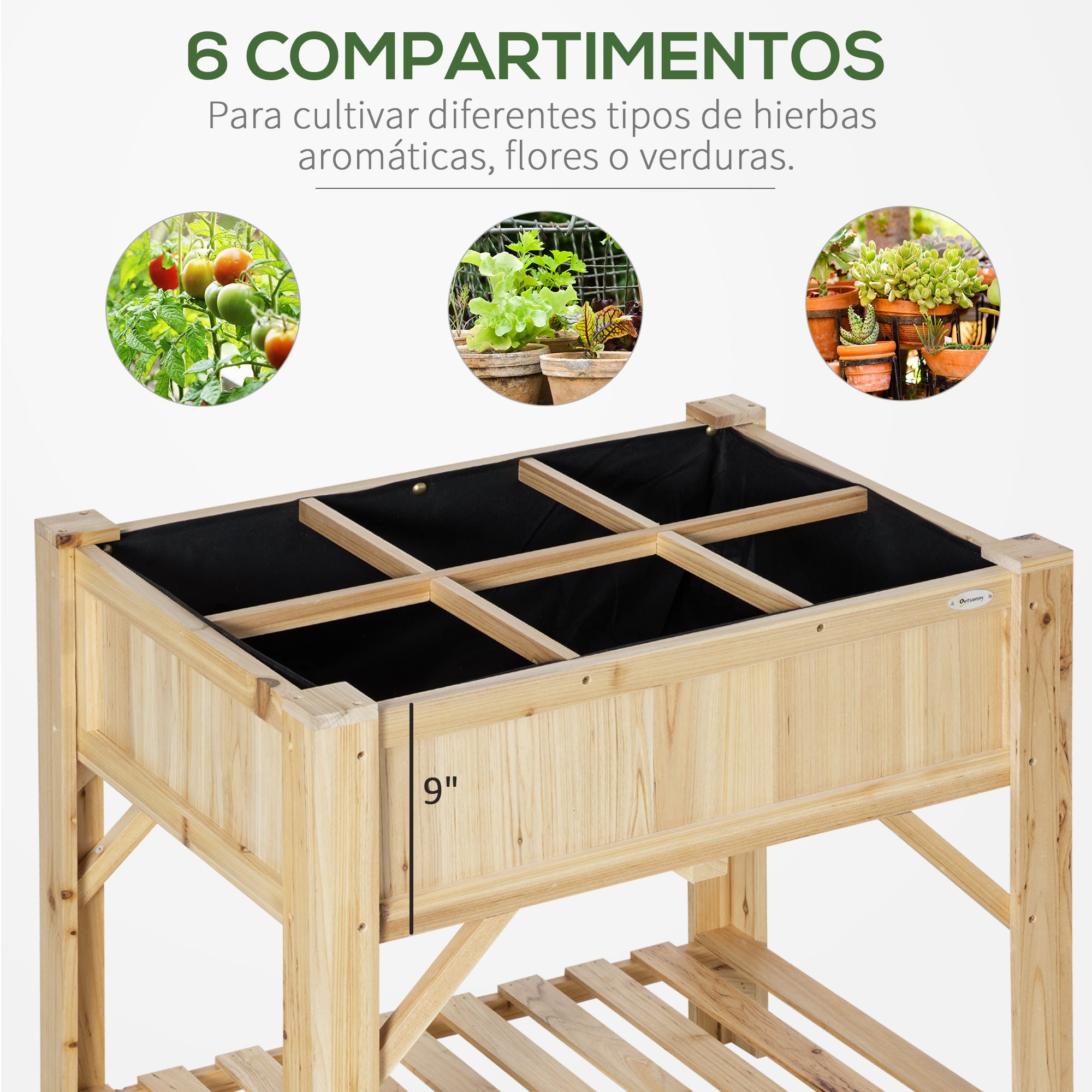 Horta Vertical de Madeira 120x60x81cm Mesa de Cultivo com 6 Compartimentos e Prateleira Inferior para Plantas Flores Jardim Terraço Exterior Natural