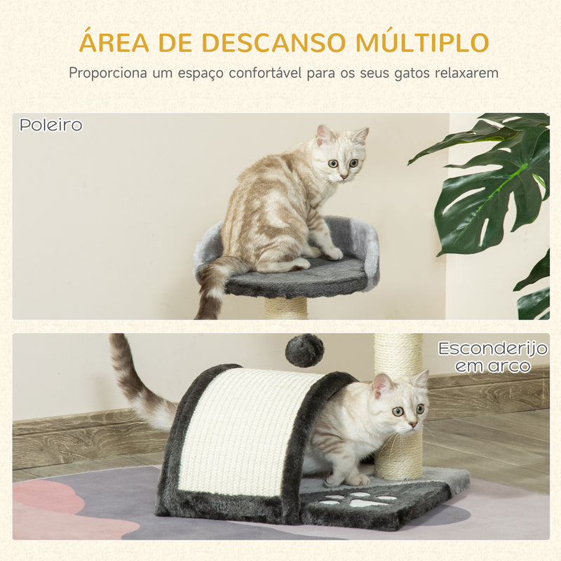 Árvore Arranhador para Gatos Pequena Altura 46 cm de 2 Níveis com Poste e Tapete de Arranhar Cama e Bola Suspensa 35,5x37x46 cm Cinza