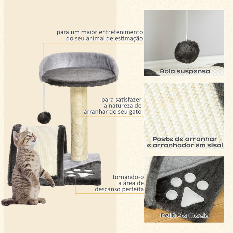 Árvore Arranhador para Gatos Pequena Altura 46 cm de 2 Níveis com Poste e Tapete de Arranhar Cama e Bola Suspensa 35,5x37x46 cm Cinza